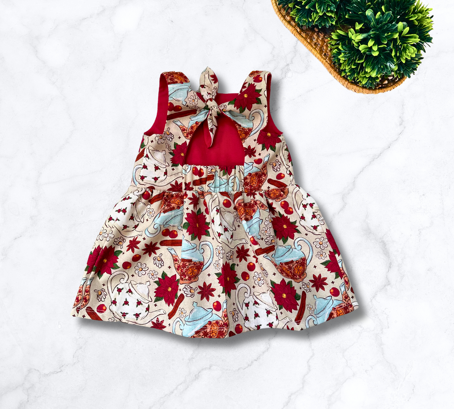 Christmas Tea Time Poinsettia Tie Back Dress