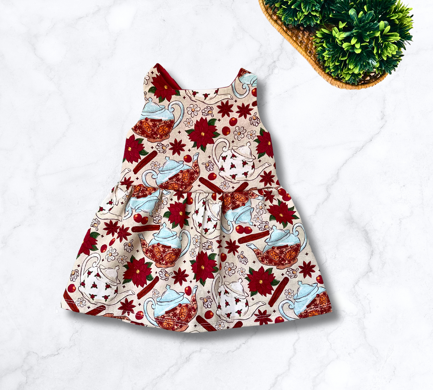 Christmas Tea Time Poinsettia Tie Back Dress