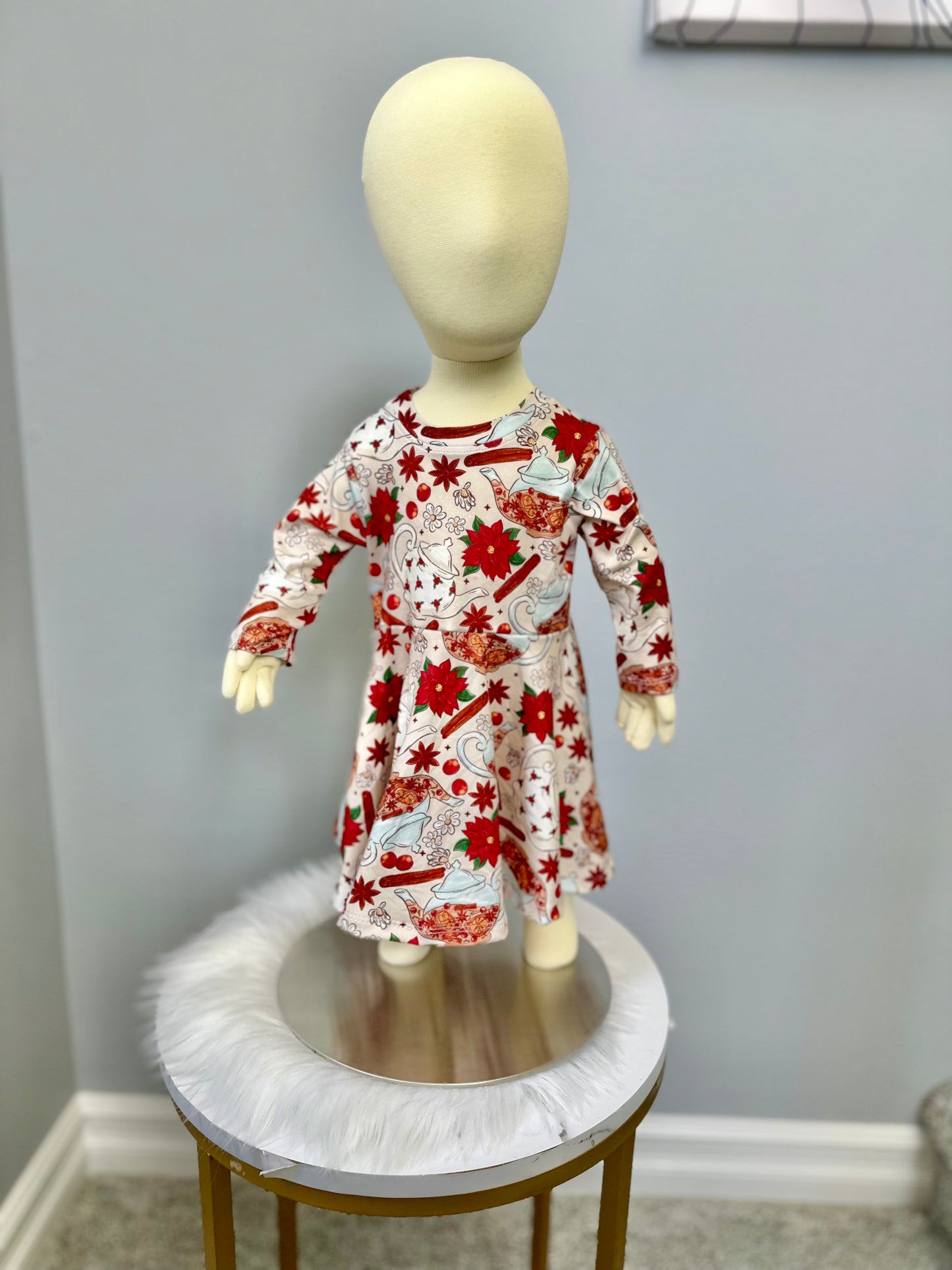 Holiday Tea Time Girls Long Sleeve Twirl Dress