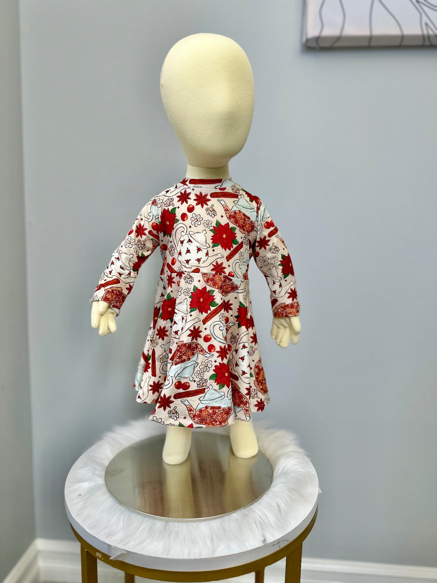 Holiday Tea Time Girls Long Sleeve Twirl Dress