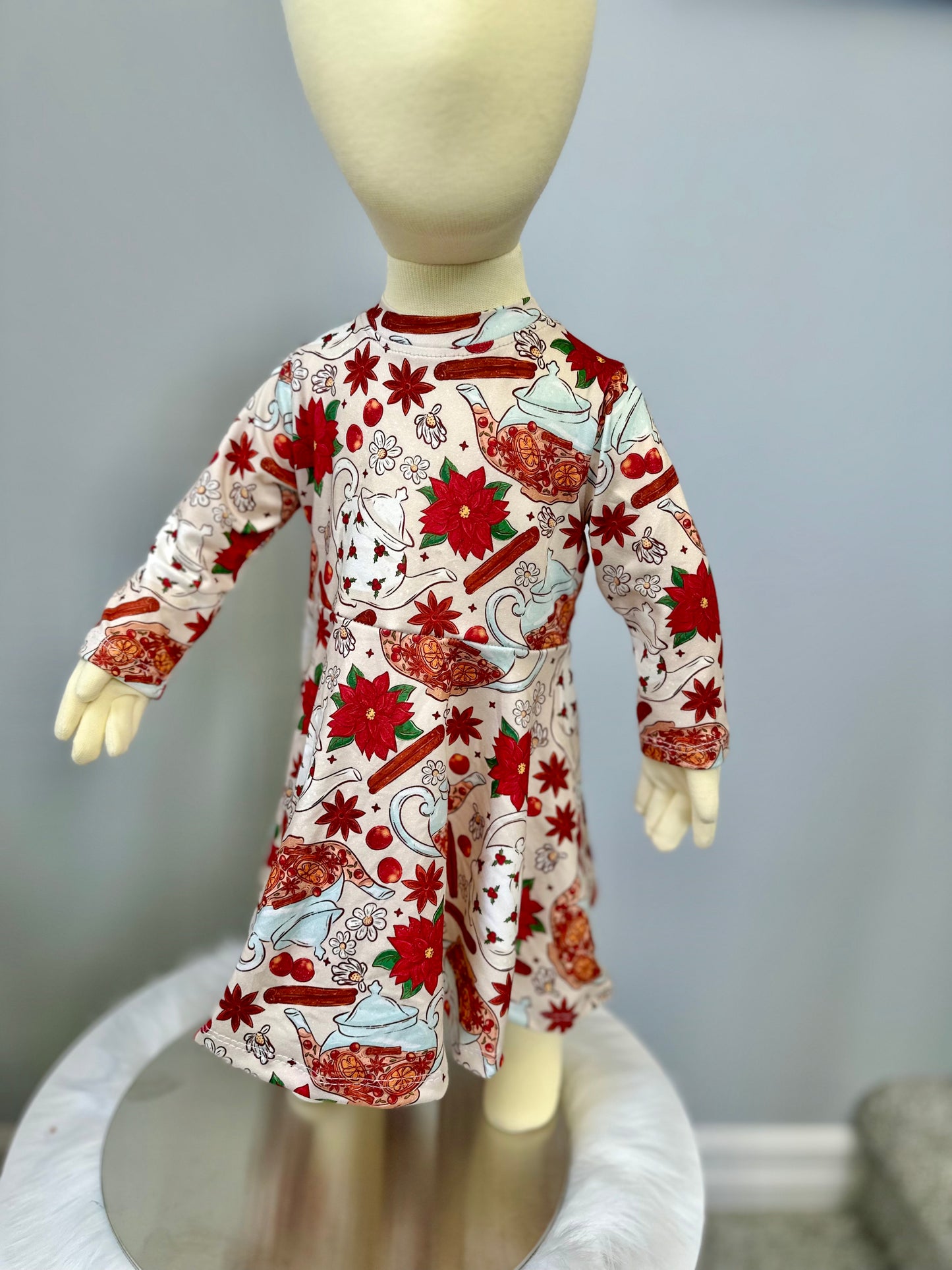 Holiday Tea Time Girls Long Sleeve Twirl Dress