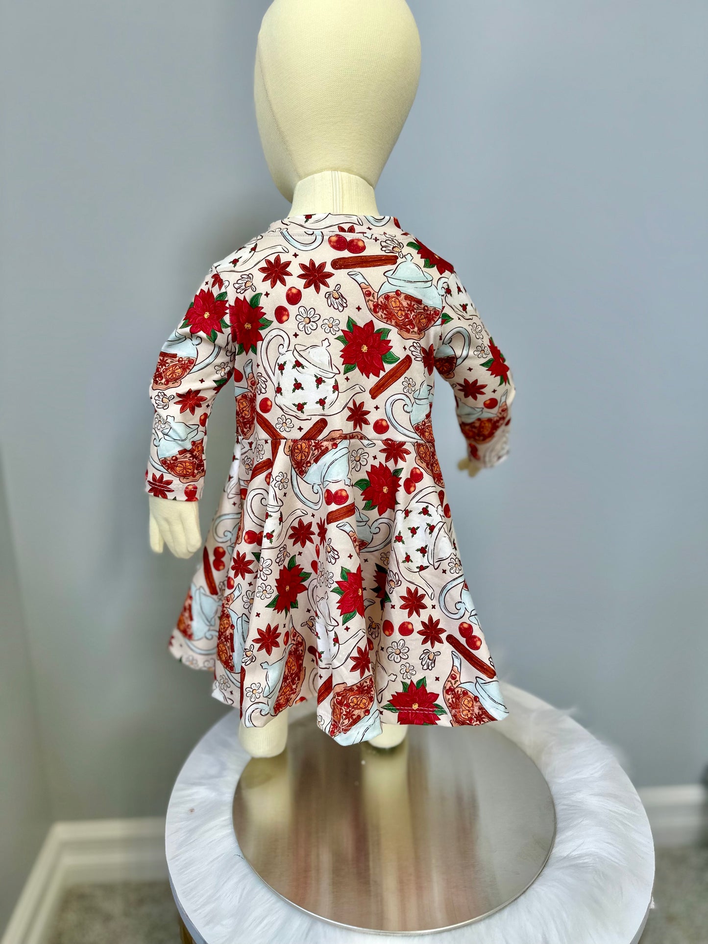 Holiday Tea Time Girls Long Sleeve Twirl Dress