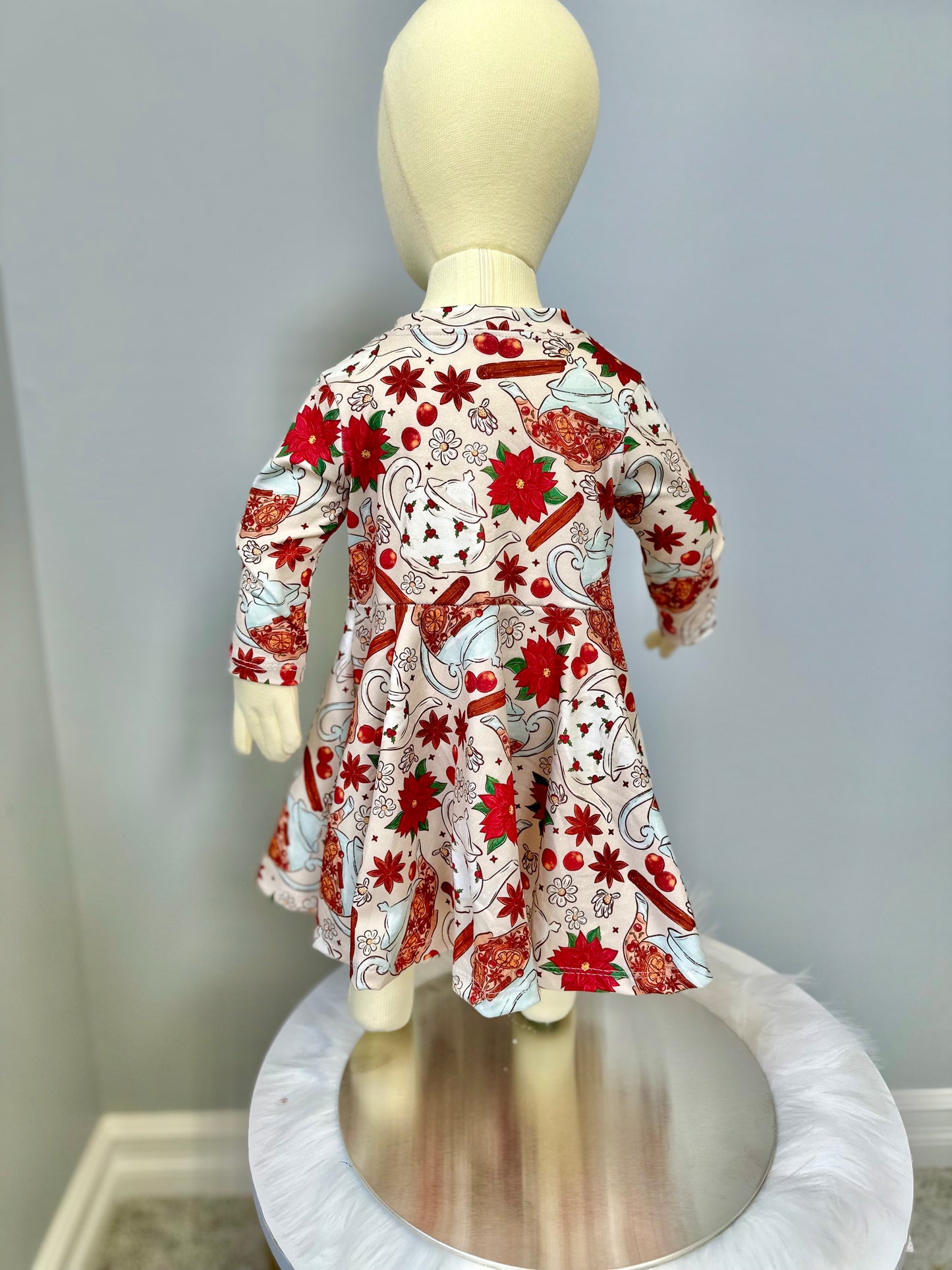 Holiday Tea Time Girls Long Sleeve Twirl Dress