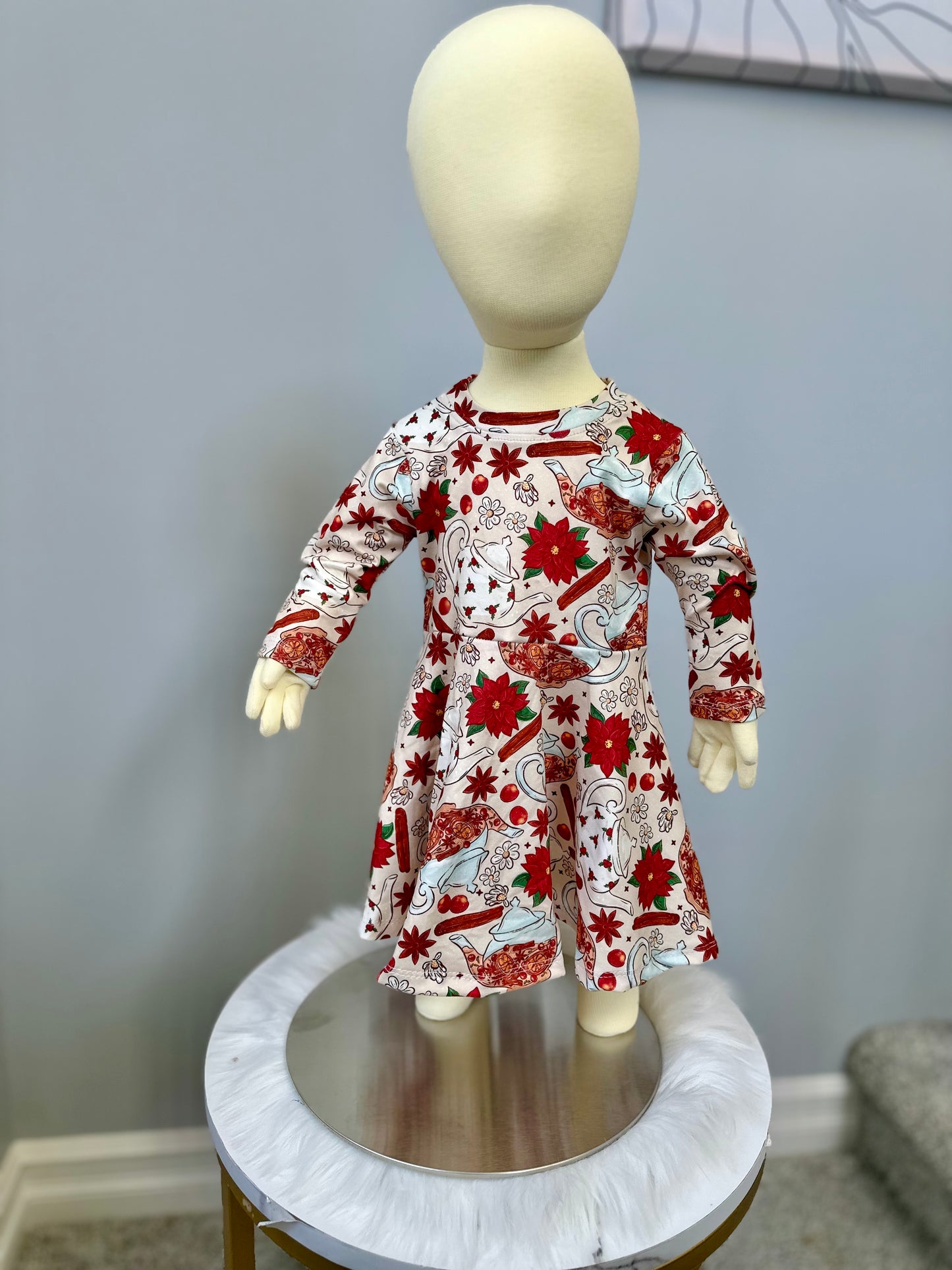 Holiday Tea Time Girls Long Sleeve Twirl Dress