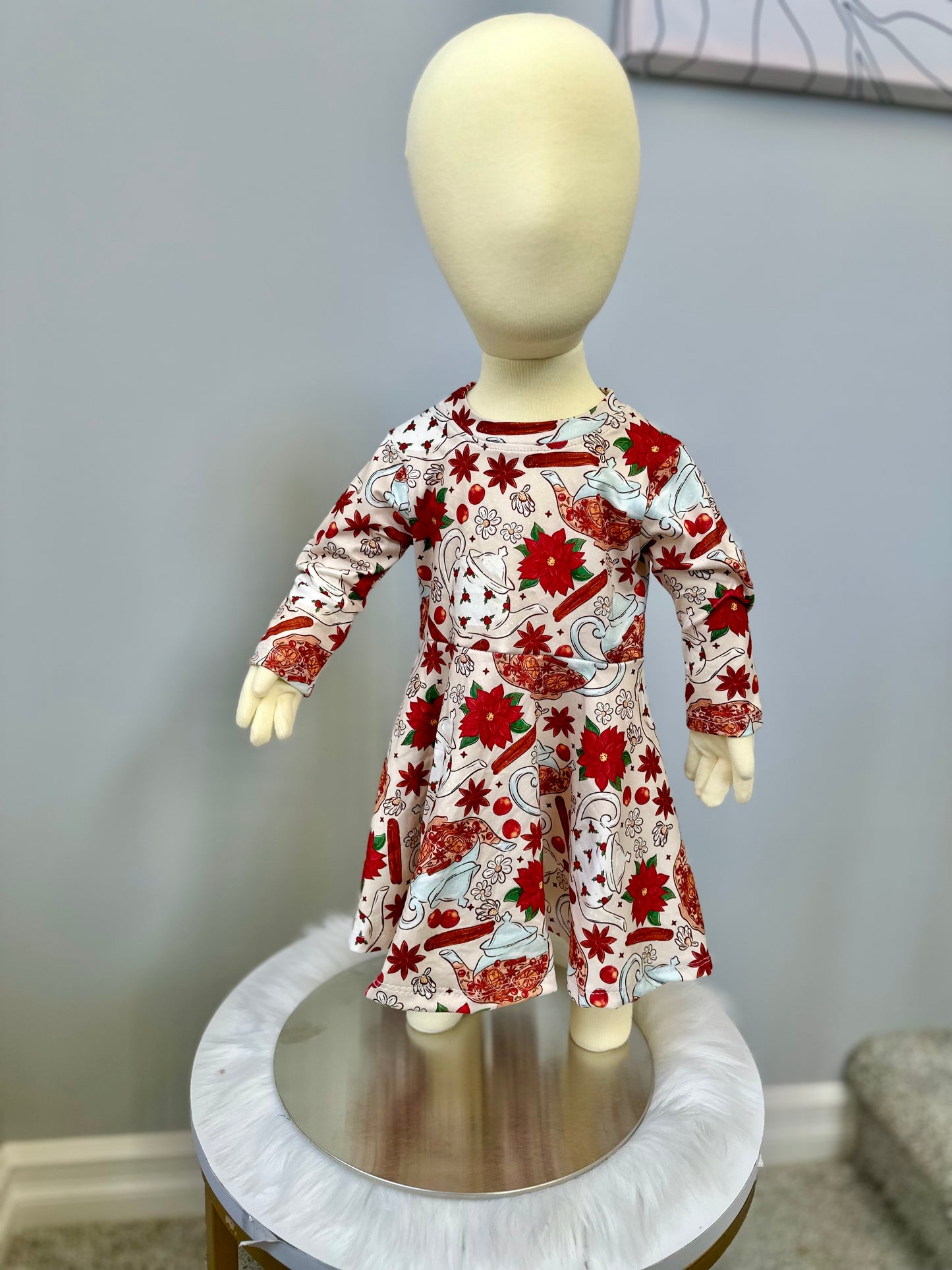 Holiday Tea Time Girls Long Sleeve Twirl Dress