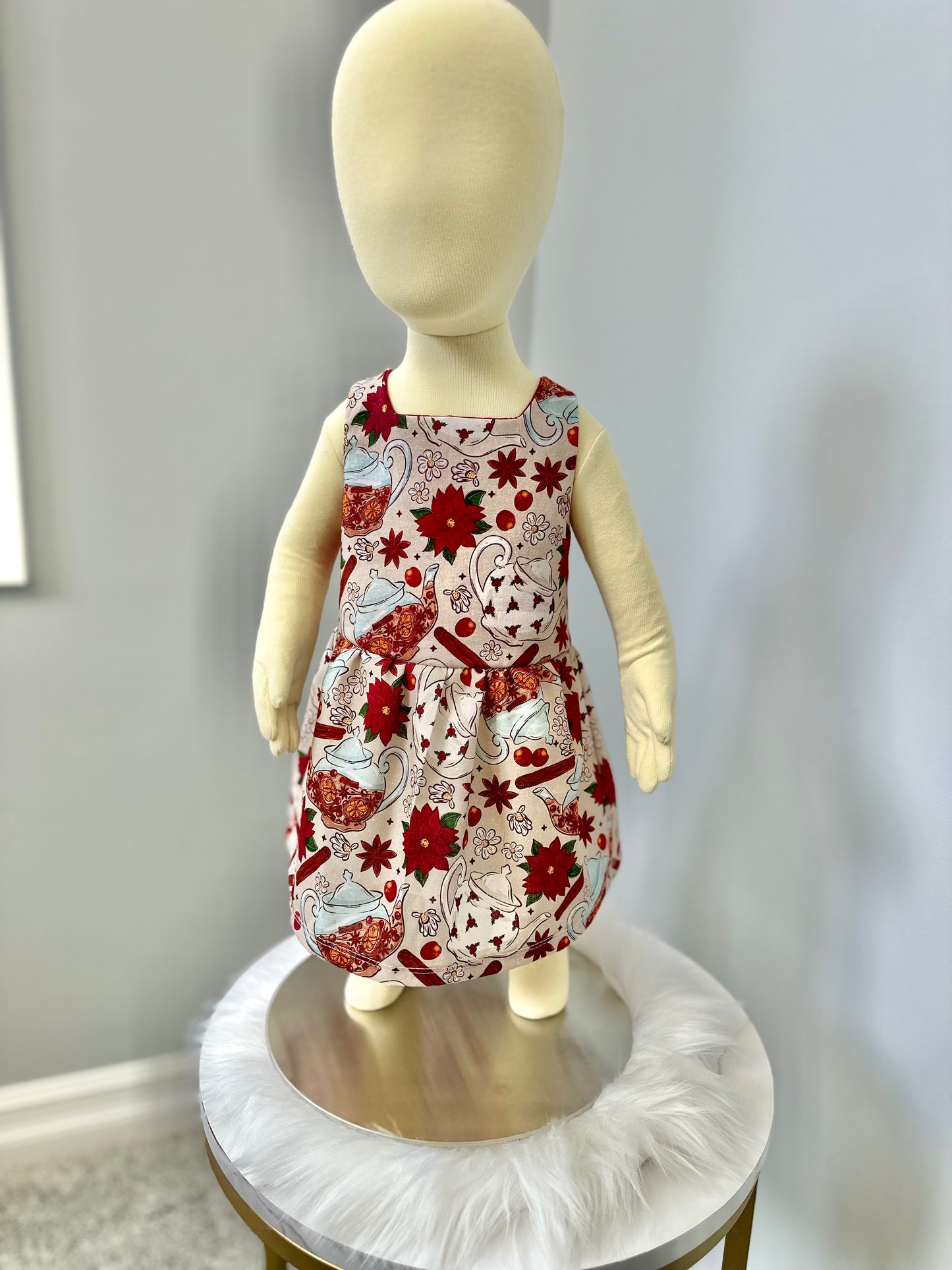 Christmas Tea Time Poinsettia Tie Back Dress