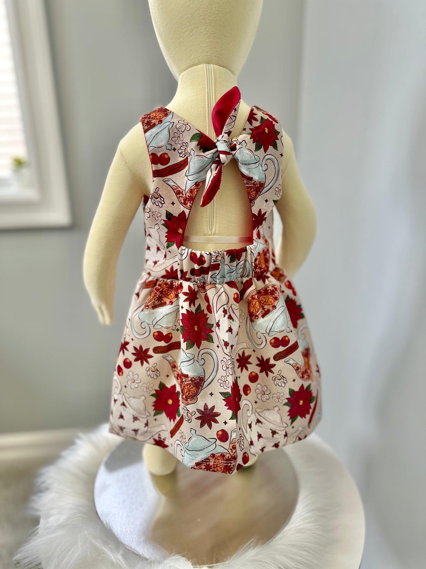 Christmas Tea Time Poinsettia Tie Back Dress
