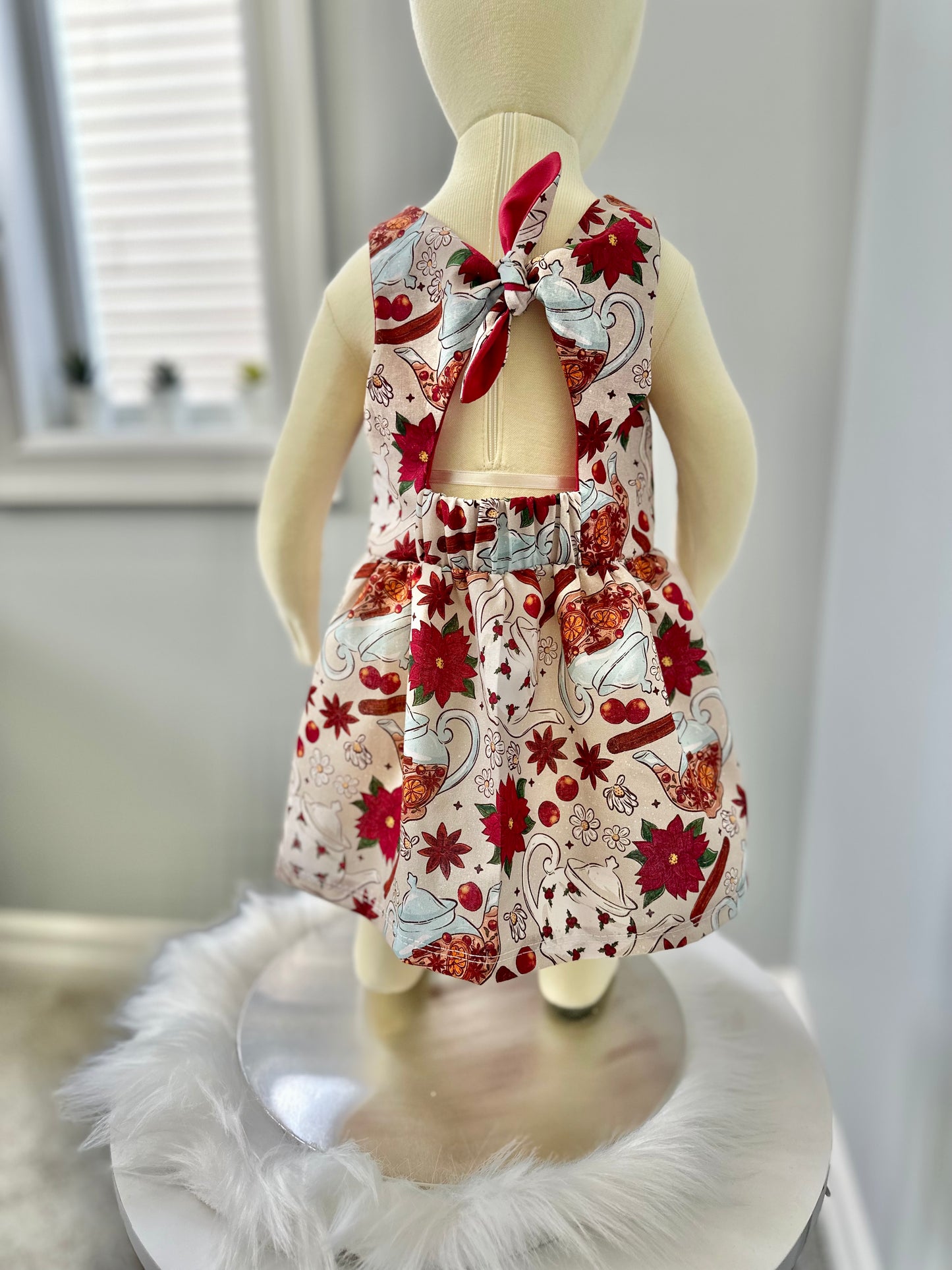 Christmas Tea Time Poinsettia Tie Back Dress