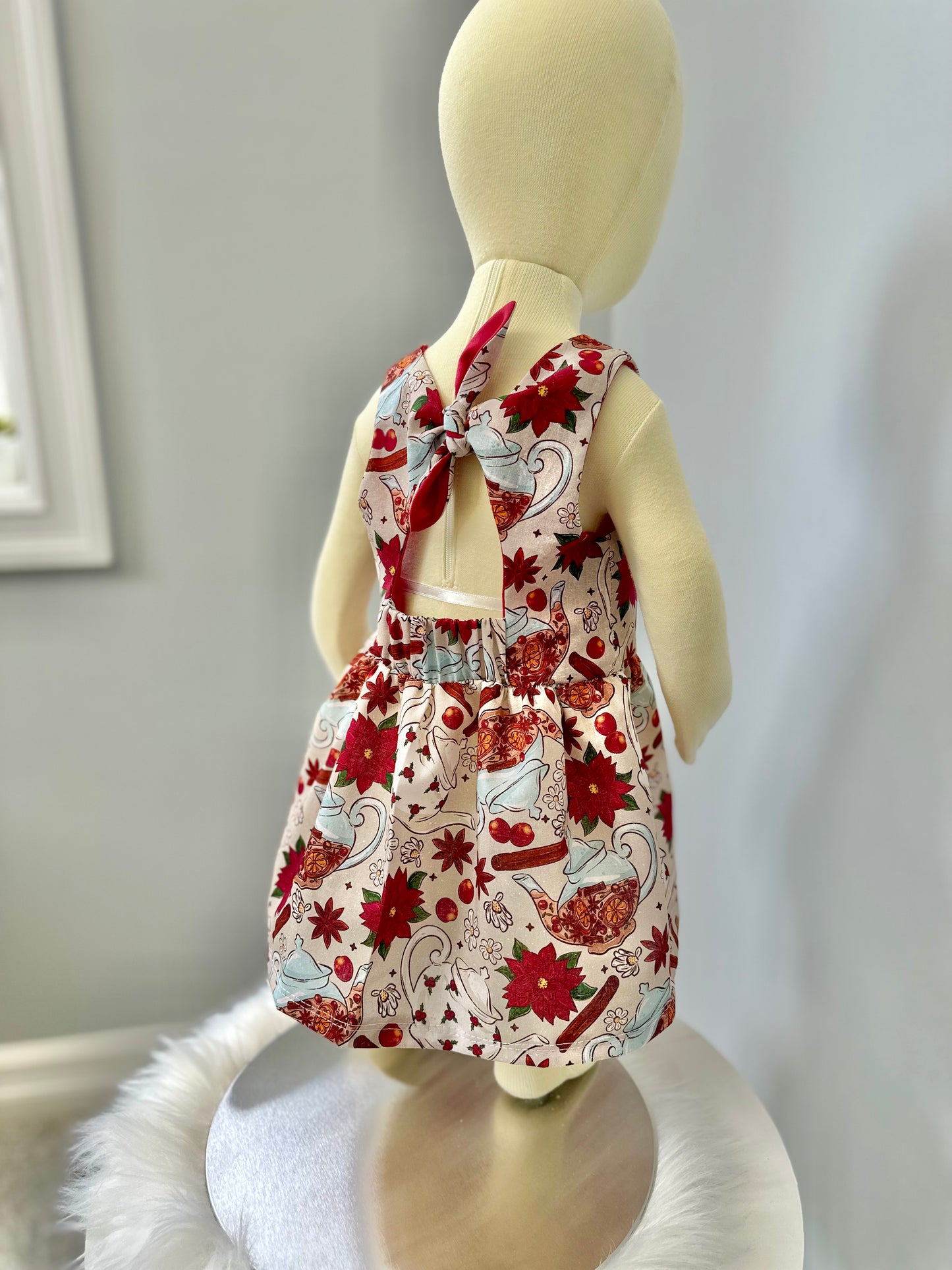 Christmas Tea Time Poinsettia Tie Back Dress